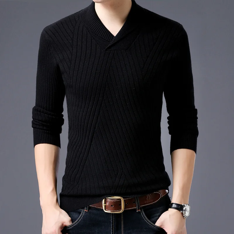 Модный брендовый мужской свитер, пуловеры с v-образным вырезом, облегающие вязаные Джемперы, осенняя повседневная мужская одежда в Корейском стиле - Цвет: Черный