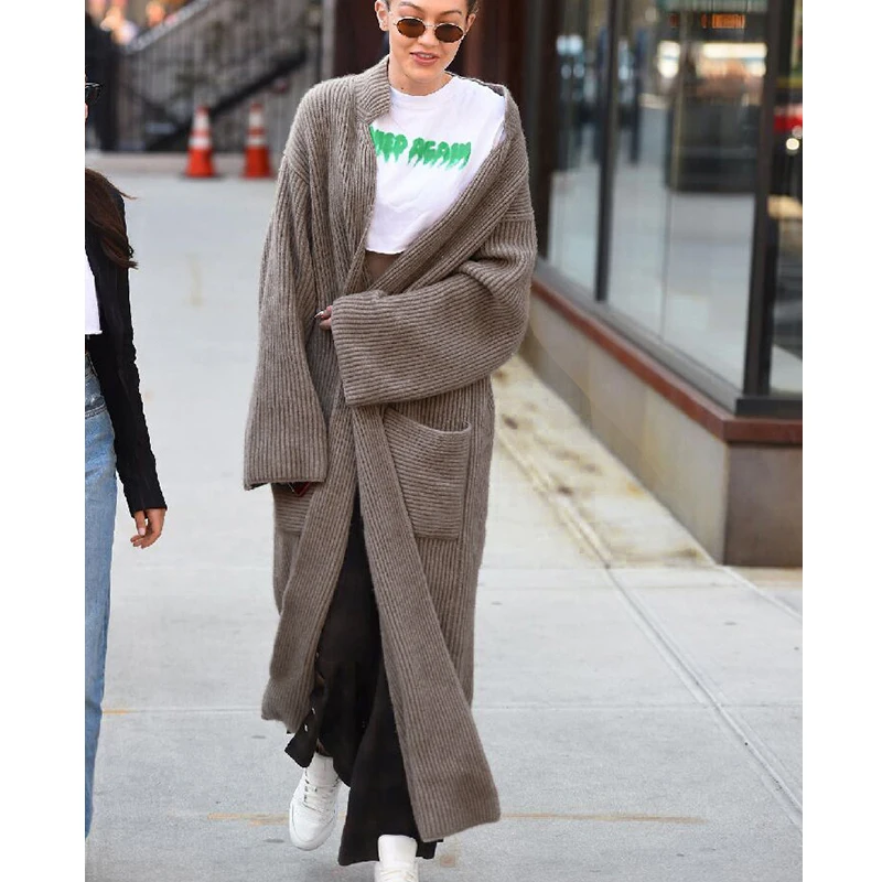 

GetSpring Women Sweater Thick Knitted Cardigan Loose Long Cardigan Women Knit Sweater All Match Knit Top Temperament Long Coat