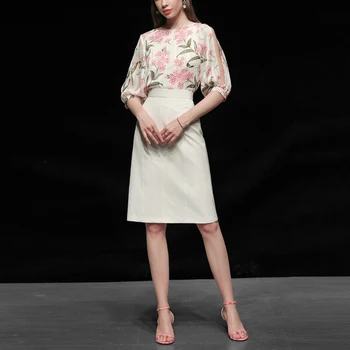

Seifermann Summer Fashion Runway Designer Skirts Suits Women Vintage Chiffon Floral Print Top＋Ladies Slim Skirt 2 Two Piece Sets