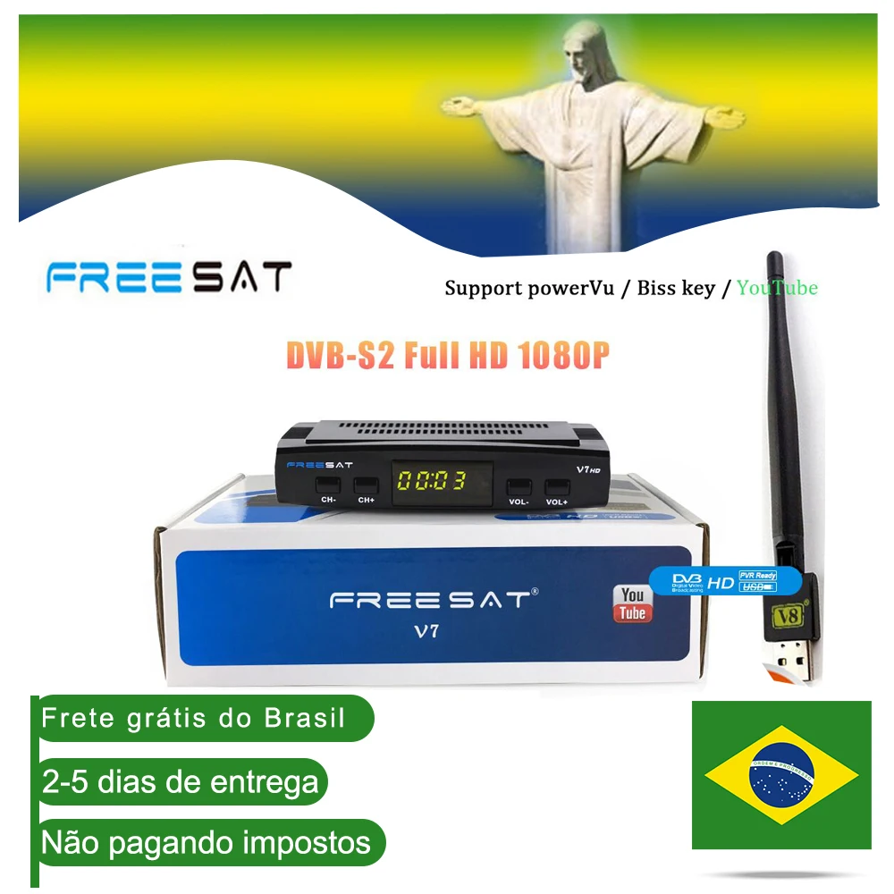 

[Brazil] Receptor Freesat V7 HDSatellite TV Receiver+USB WIFI DVB-S2 1080P cccam Youtube gtmedia v7 support TV Tuner PK V8 Super