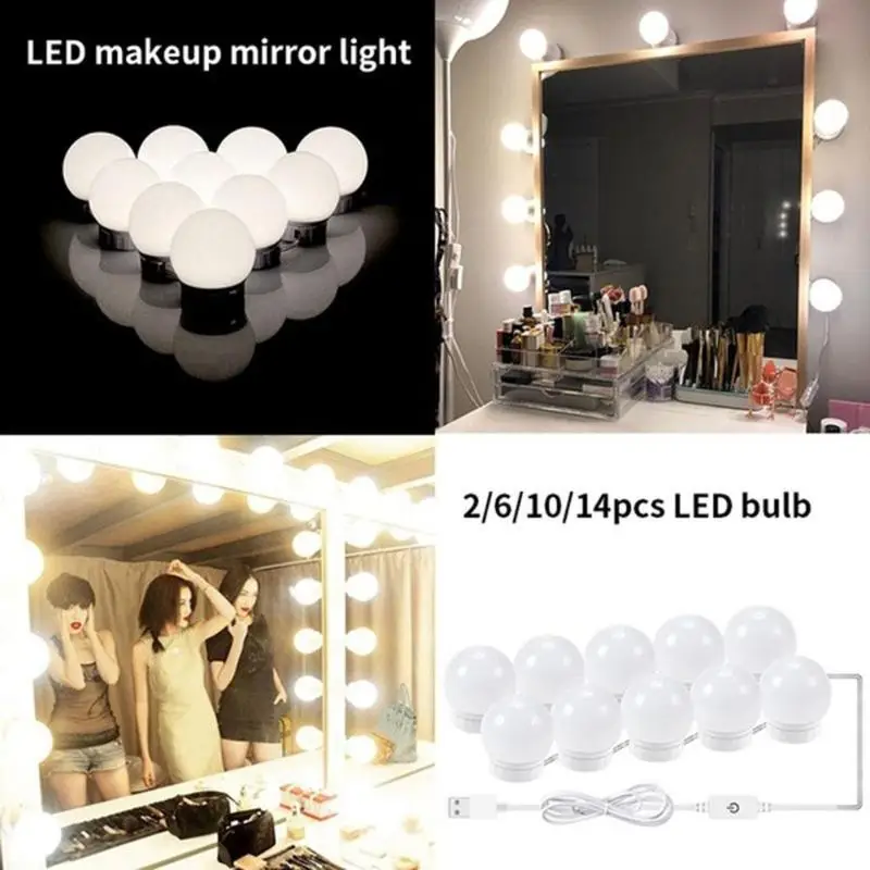 Светодиодный 12 в зеркало для макияжа с подсветкой Лампа голливудская группа ламп Плавная регулировкая яркости настенная лампа 2 6 10 14 лампочек комплект для туалетного столика