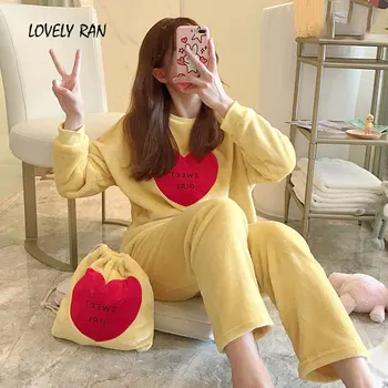 

Winter Cartoon Storage Bag Flannel Women's Sets Long Sleeve Long Pants O-neck Female Set 2020 New Sweet Homeclothes Ladies Suits
