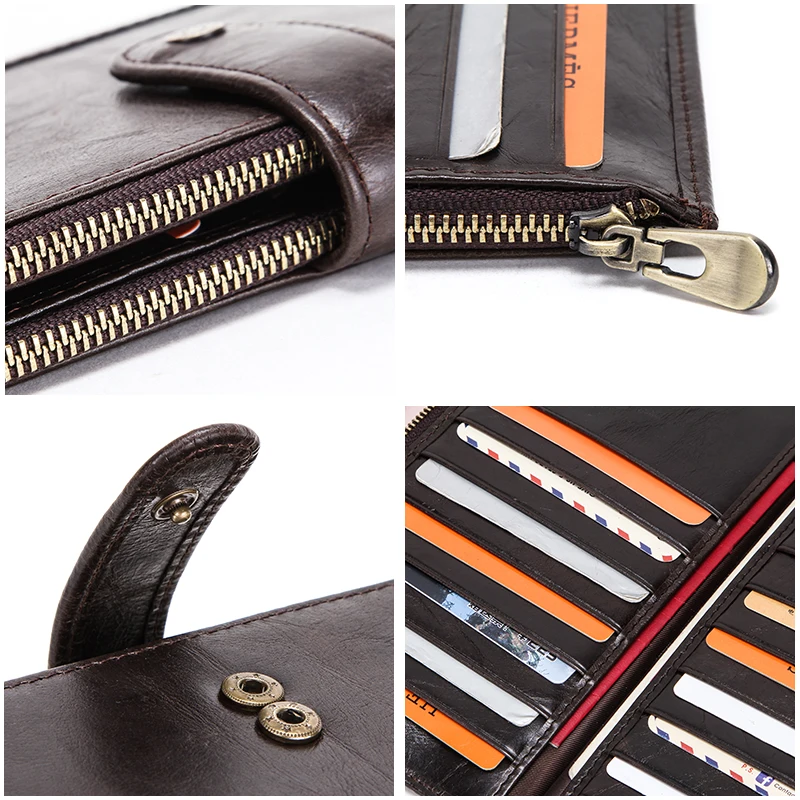 CONTACT'S Casual Travel Wallets Genuine Leather Wallet Men Zipper Coin Pocket Long Purse Passport Cover Male Card Holder Bags