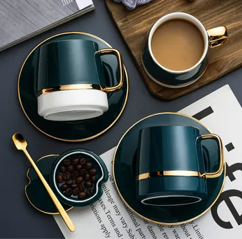 

North European Ceramic cup with Plate Creative gold coffee cup snack dish set simple English afternoon tea cup home decoration