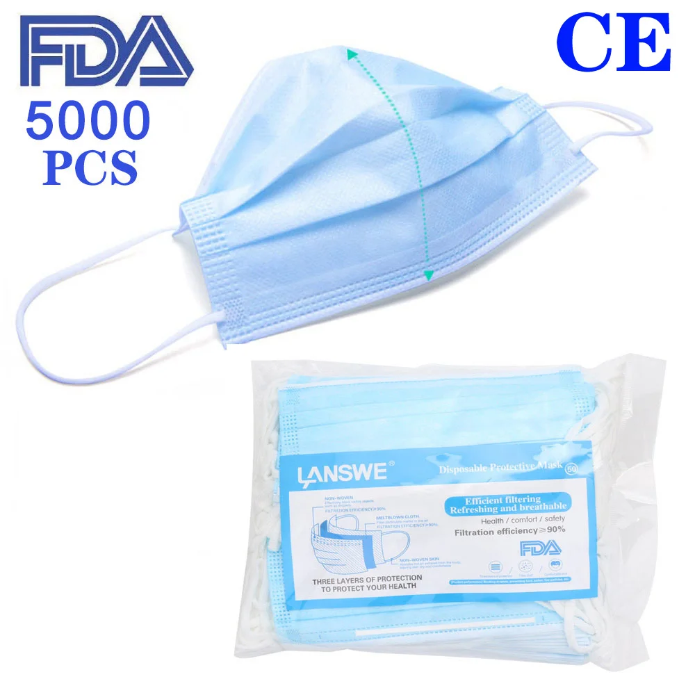 

5000pcs Mouth Mask Anti-virus Face Mask Windproof Mouth-muffle Bacteria Proof Flu Anti Dust Non Woven 3 Layer