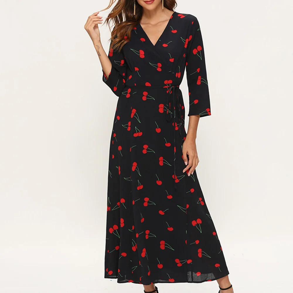 YMING Boho женское Макси платье Auntum вечерние длинные платья элегантные Vestidos Сплит Вишневое пляжное платье с v-образным вырезом черные платья - Цвет: Черный