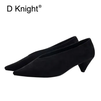 

D Knight Thin Med Heel Pointed Toe Leather/Flock Pumps Shoes Women Summer Autumn Shallow Mouth Casual Office Lady OL Shoes Pumps