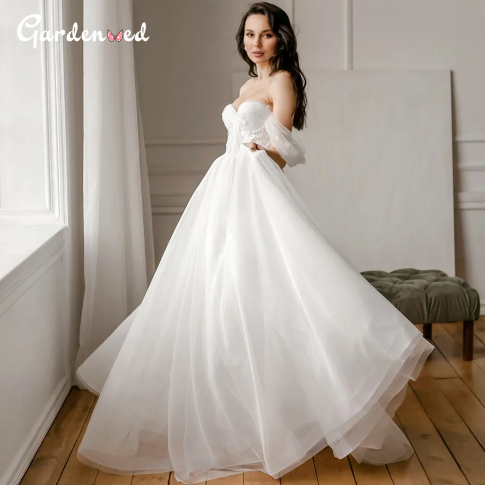 

Ivory Illusion Wedding Dress 2020 Off Shoulder Sweetheart Backless Bridal Dresses Aline Tulle Straps Bride Dresses