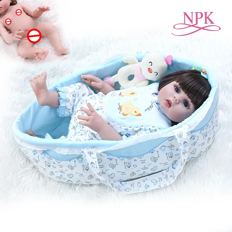 

48CM lifelike bebe doll reborn baby doll full body soft silicone flexible cuddly baby carrying bag sleeping basket newborn baby