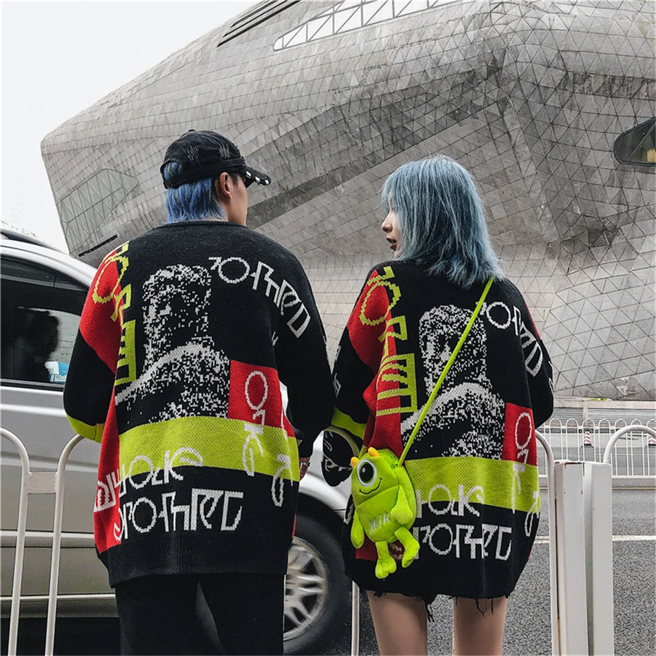 Harajuku трикотажные свитера мужские хип-хоп печати свободный пуловер свитер уличная Мужская Женская мода зима одежда WG587