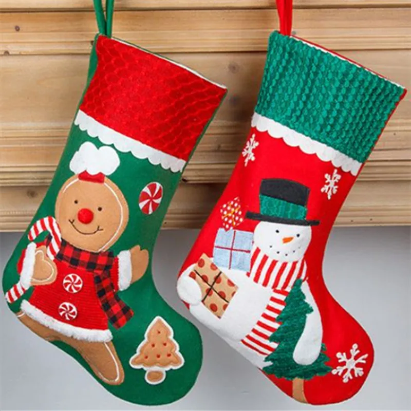 

30*20cm DIY Christmas Decoration Christmas Stockings Socks Santa Snowman Gingerbread Man Candy Gift Bag Xmas Tree Decor New Year