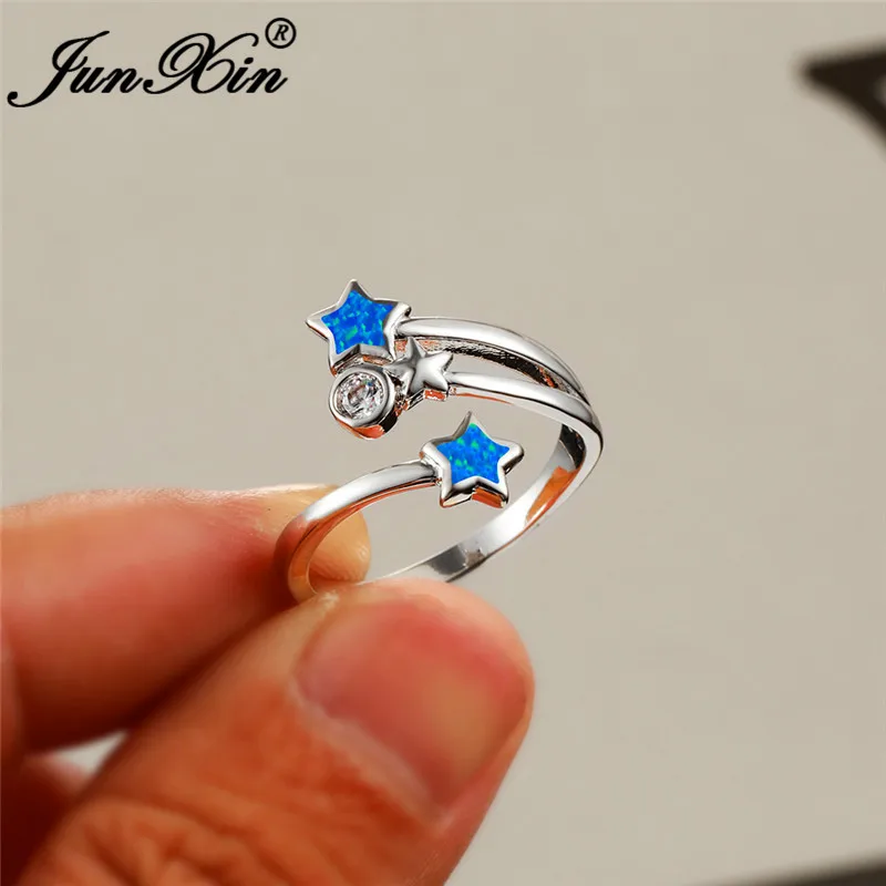 Cute Star Ring 925 Silver Color Blue Fire Opal Rings For Women Open Wedding Bands Zircon Dainty Engagement Ring Finger Jewelry