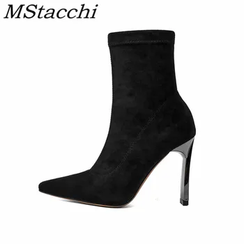 

Mstacchi Metal Square Heel Elastic Fabric Women Heel Height Boots Solid Color Pointed Rubber Sole Sexy Madam Shoes Calzado Mujer