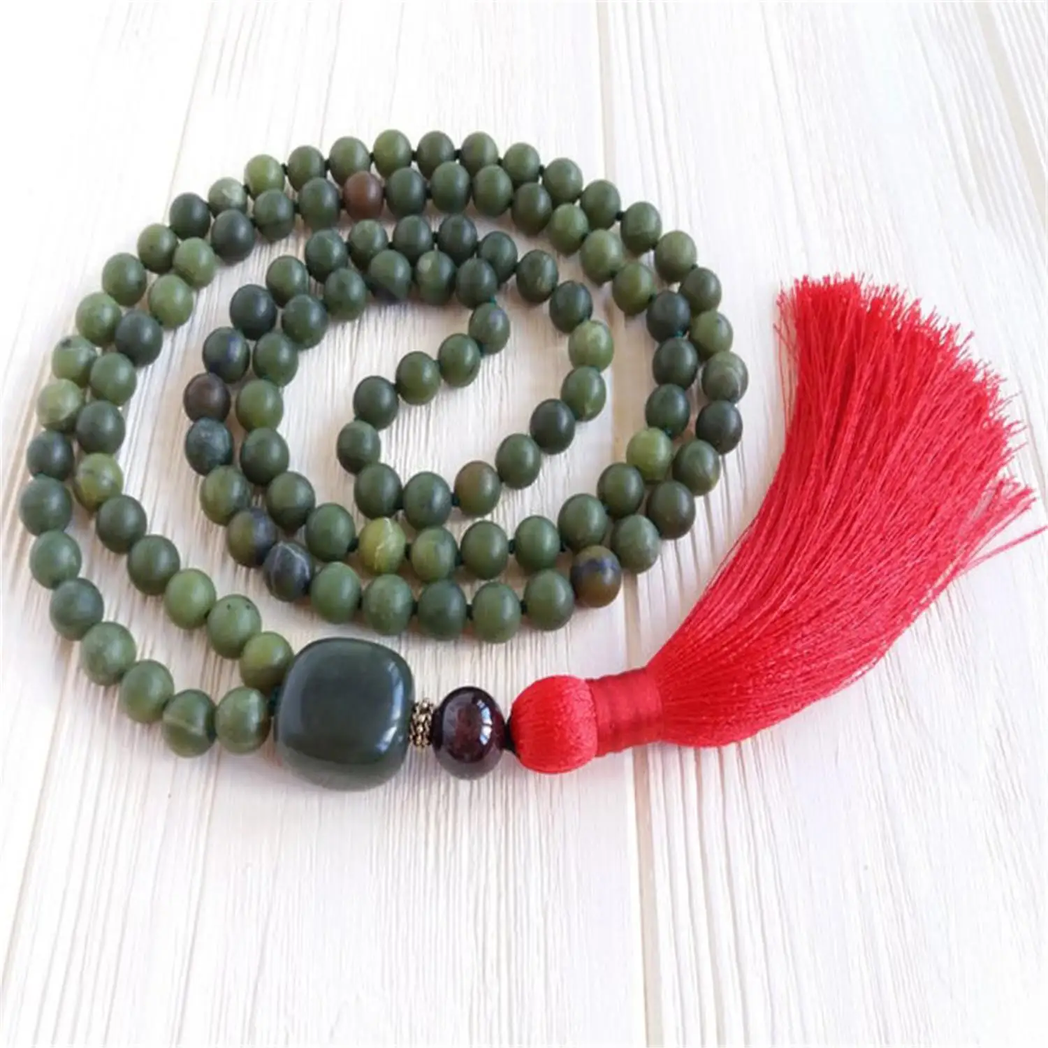 8mm Green Stone 108 Beads Handmade Tassel Necklace Yoga Mala Spirituality Chakra Prayer Japa Spiritua