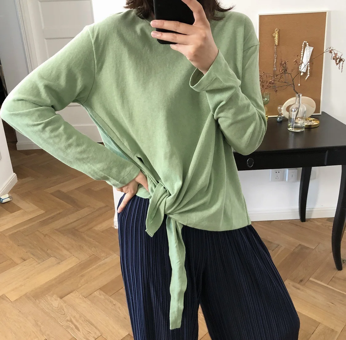bud green TVVOVVIN белая Свободная Женская футболка с круглым вырезом и длинным рукавом, Повседневная простая модная Осенняя Новинка F993 - Цвет: bud green