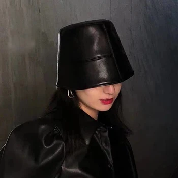 

Female Autumn Fisherman Hat INS Cool Concise Leather Bucket Hat Outdoor Personality Short Eaves Basin Hat Fashionable Young