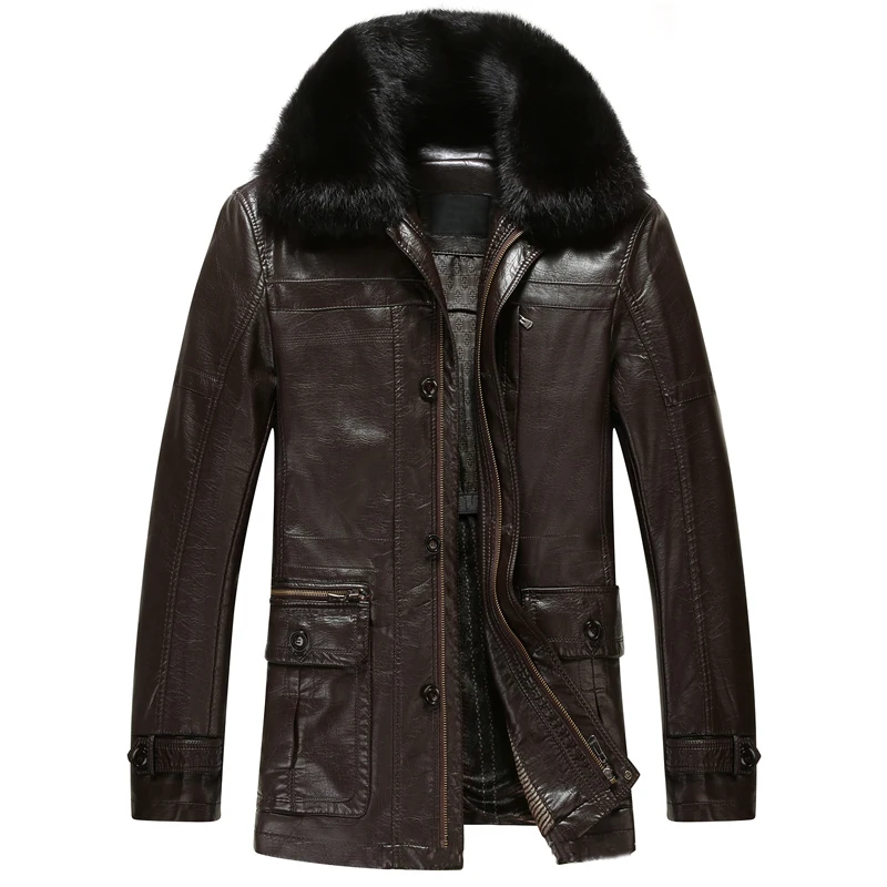 Зимняя кожаная мужская куртка с меховым воротником Куртки из искусственной кожи