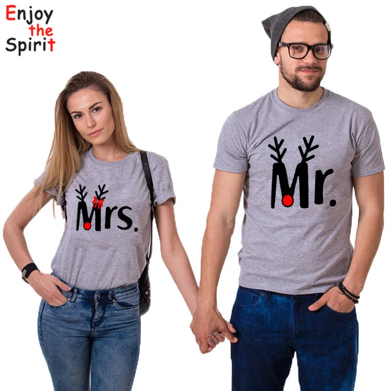Рождественские футболки в тон для пары Mr and Mrs модная повседневная Рождественская