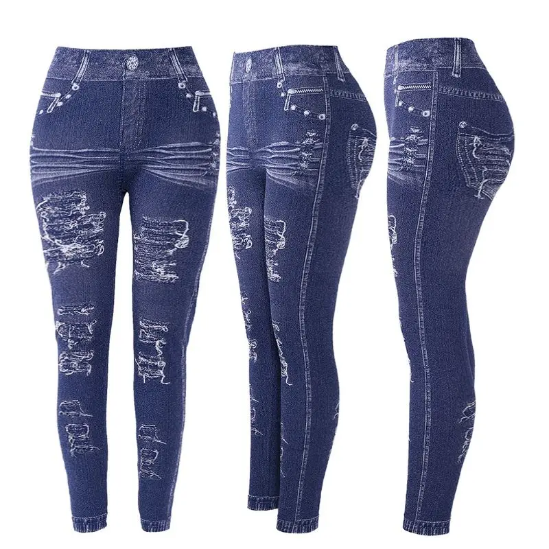 New Fashion Slim Women Leggings Faux Denim Jeans Ripped Printing Seamless Pencil Pants S-3XL