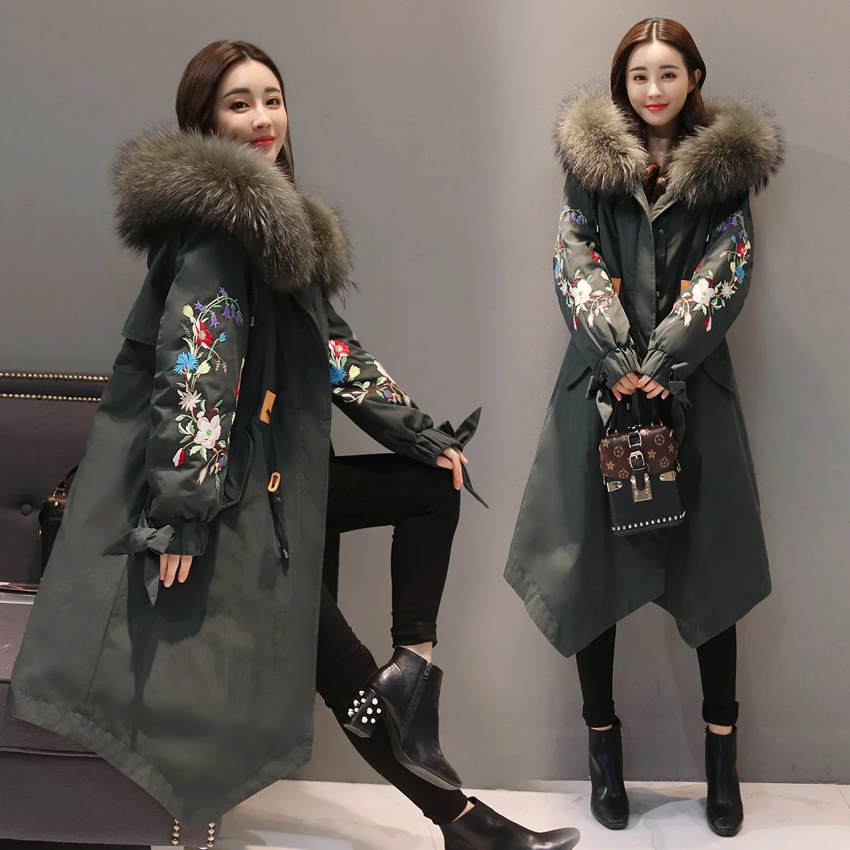 

Large Fur Collar Cotton-padded Clothes Women's Mid-length 2018 New Style Winter Ethnic-Style Embroidered Loose-Fit Slimming Vers