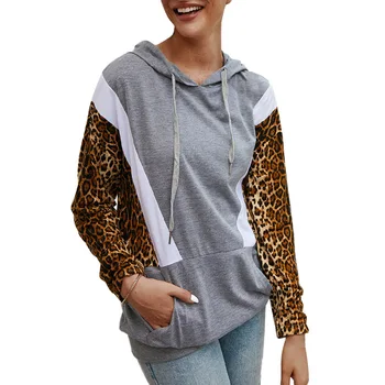 

Fashion Women's Fashion Casual All-match Autumn Winter Warm Leopard Pattern Stitching Hooded Sweatershirt Hoody New