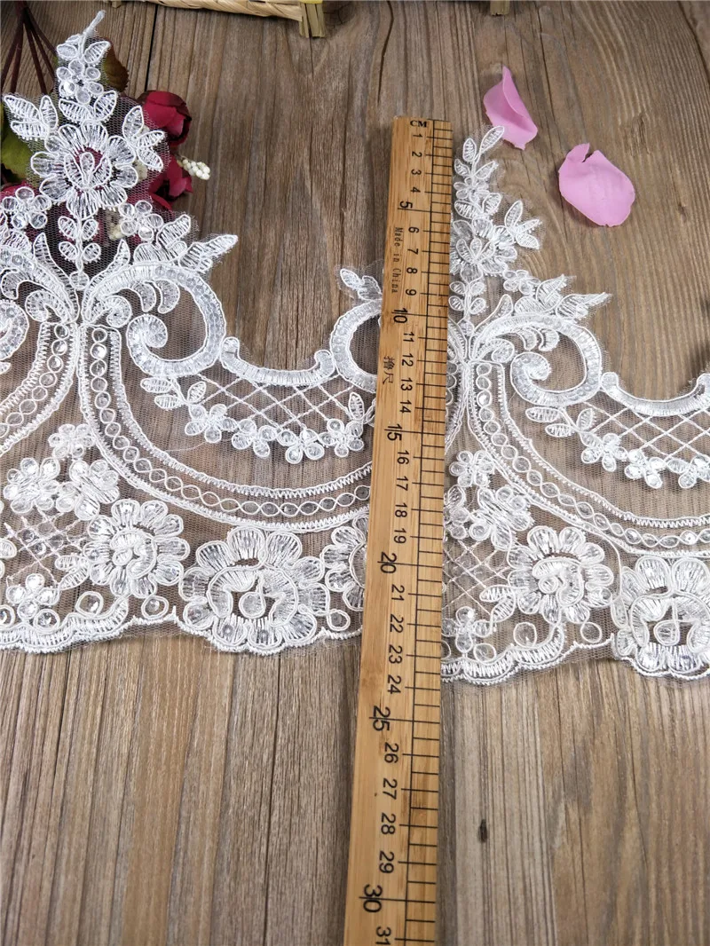 1Yard Ivory white Red Sequin Cording Fabric Flower Venise Venice Mesh Lace Trim Applique Sewing Craft for Wedding Dec. 20cm