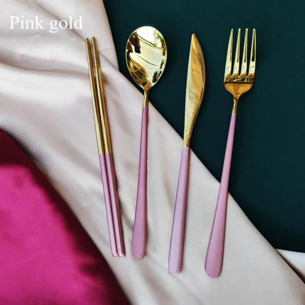 4 set pink gold Столовый набор из четырех предметов, столовые приборы, ножи, вилки, ложки, палочки для еды Wester, кухонная посуда из нержавеющей стали, домашние вечерние столовые приборы - Цвет: 4 set pink gold