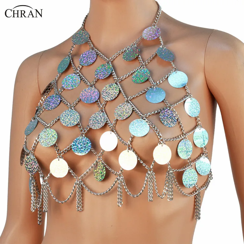 Chran Mesh Sequin Body Chain карнавальный бюстгальтер с бретельками Ожерелье Серебряная бахрома танец тела ювелирные изделия