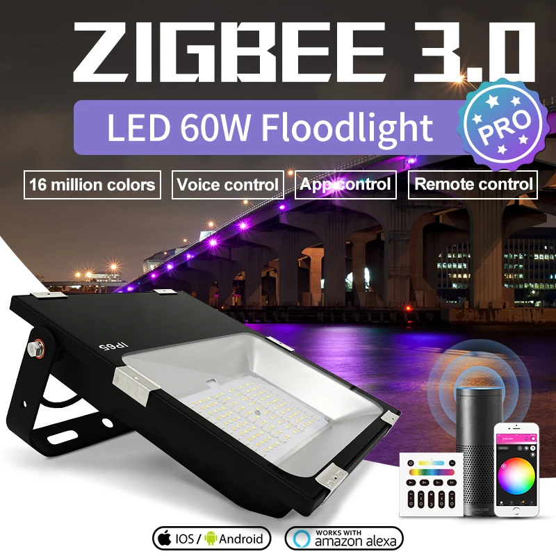 

G светодиодный OPTO 60 Вт смарт Zigbee 3,0 прожектор Pro 5500LM RGBCCT напольный светильник IP65 Водонепроницаемый работает с Alexa Echo плюс SmartThings