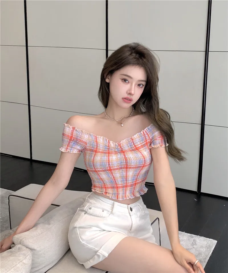 

Summer French Slim Plaid Thin Chiffon Shirt for Women
