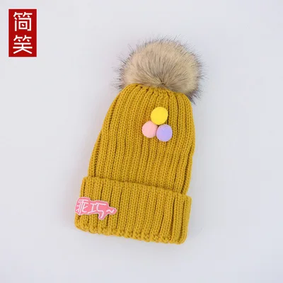 HANGYUNXUANHAO/зимняя вязаная шапочка для маленьких детей; Милая шерстяная шапка для маленьких мальчиков и девочек; меховые Шишечки; бини с помпоном - Цвет: yellow