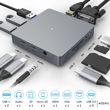 

11 in 1 USB-C HUB Type-C Adapter USB C to HDMI 3.5mm Jack Audio SD HDMI VGA RJ45 USB3.0 Type-C Docking Station for Windows 7