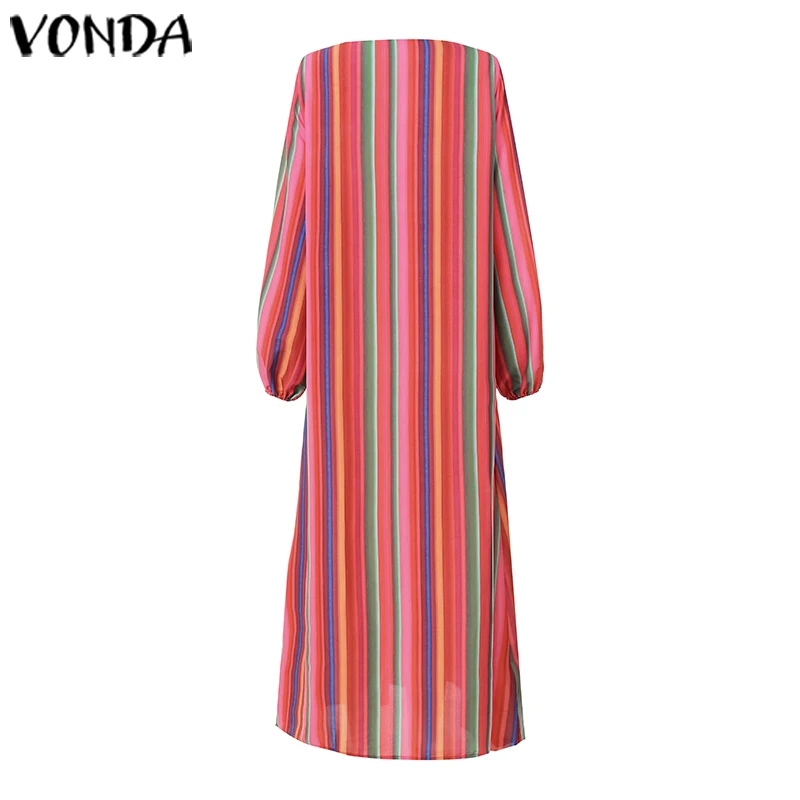 VONDA, женское богемное длинное платье, осень-весна, повседневное свободное Полосатое праздничное платье с длинным рукавом, вечерние платья размера плюс 5XL