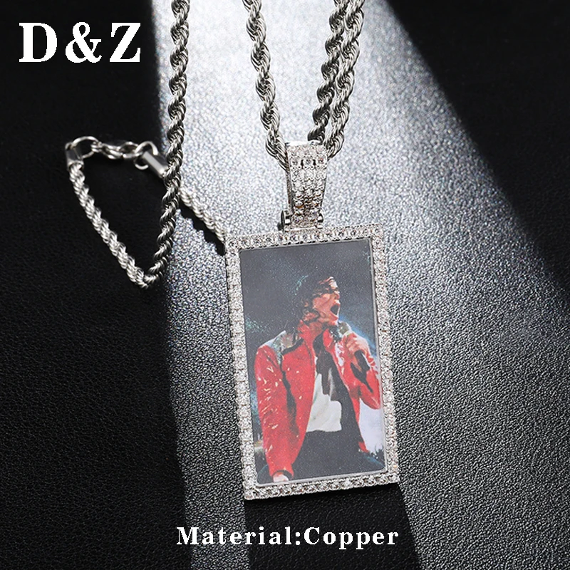 Online D Z Hip Hop personalizado foto Collar para hombres mujeres helado Bling Cubic Zirconia moda joyería forma rectangular al por mayor