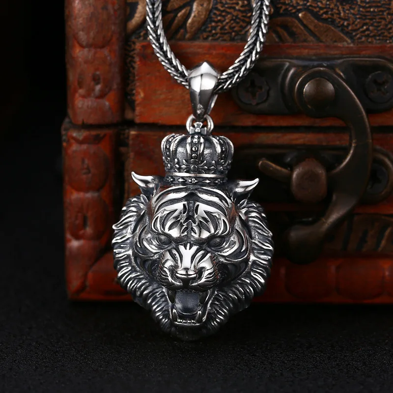 925 Sterling Silver Tiger Head Pendant Jewelry Men Male Thai