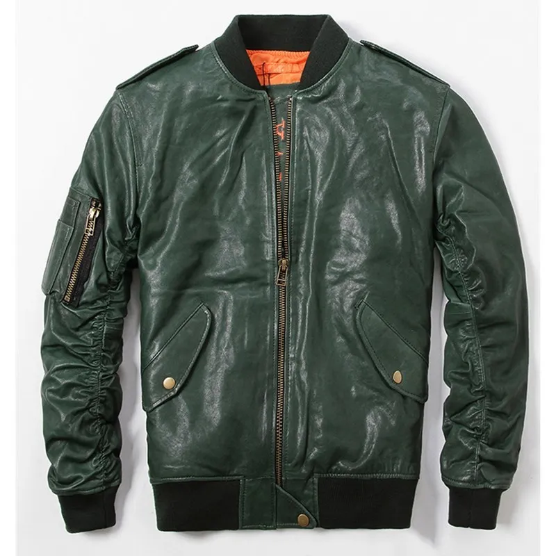 

2020 Men Green Military Pilot Jacket Large Size XXXXXXL Genuine Sheepskin American USAF Aviator Leather Coat