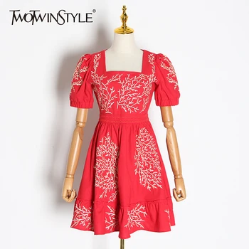 

TWOTWINSTYLE Embroidery Print Hit Color Women's Dress Square Collar Puff Sleeve High Waist Mini Dresses Female 2020 Clothes New