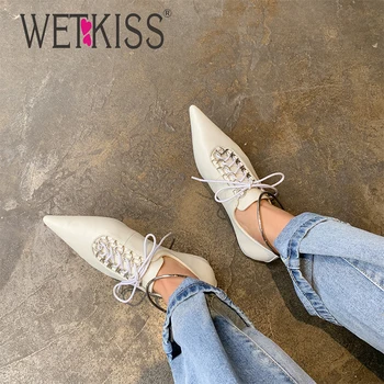 

wetkiss Pointed Toe Flats Lace Up Punk Style Casual Shoes Women 2020 Rubber Sole Women Lats