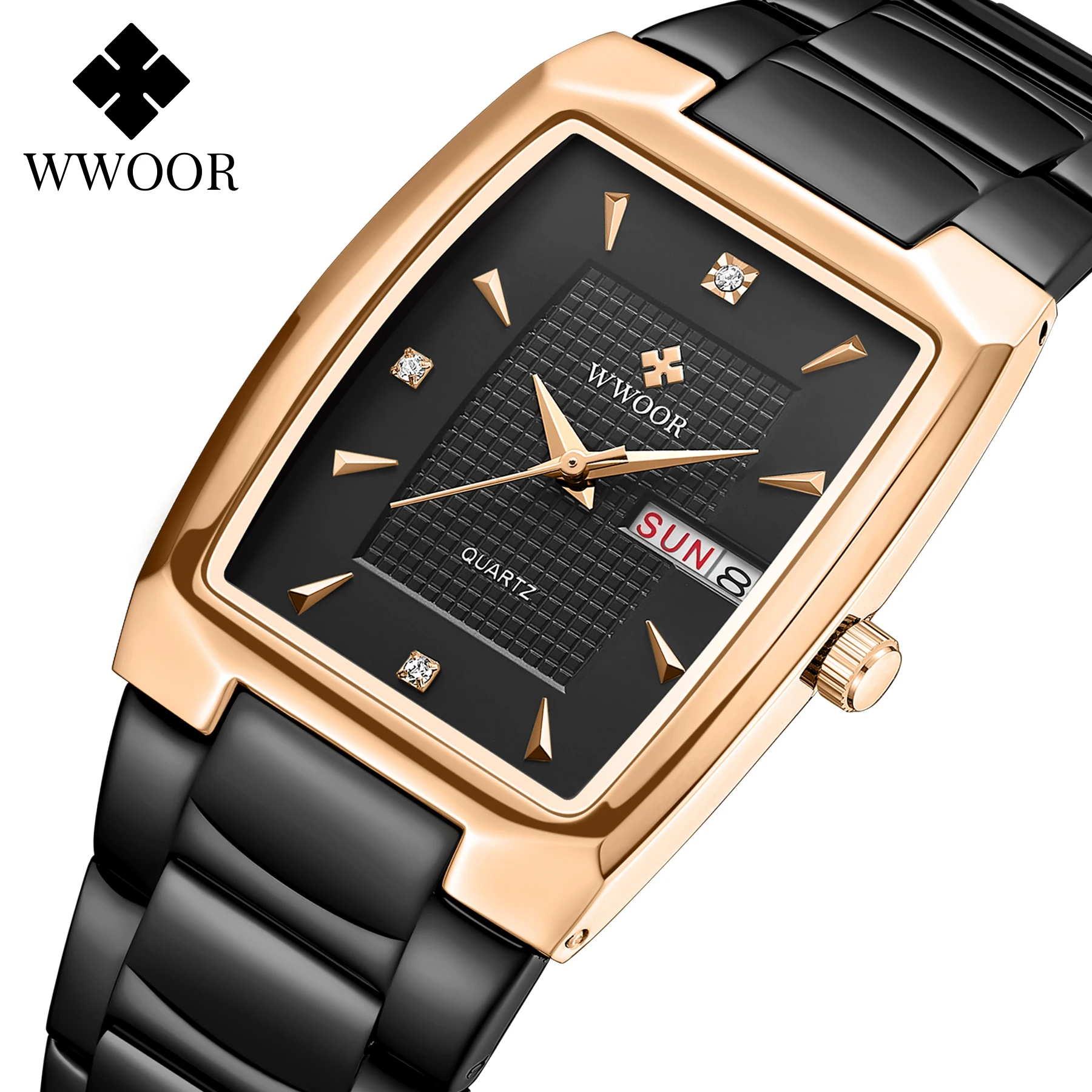 Watches Men WWOOR Brand Casual Simple Men's Quartz Clock Rose Gold Square Waterproof Week Display Wristwatches Relogio Masculino