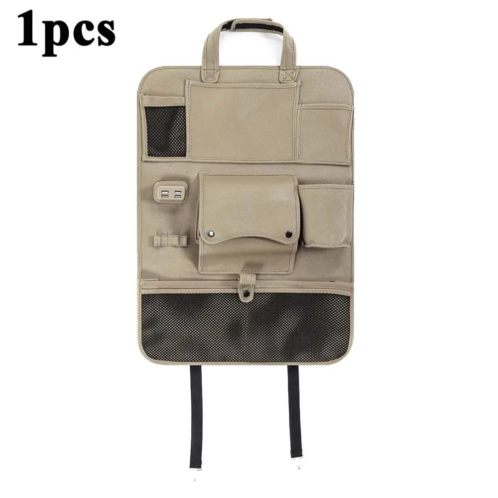 1pcs beige 4 Usb Зарядка универсальная из искусственной кожи Качественная автомобильная сумка для хранения на спинку сиденья складной органайзер несколько карманов держатель для планшетов для Toyota - Название цвета: 1pcs beige
