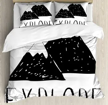 

Adventure Duvet Cover Set Explore Lettering with Wild Forest Hand Drawn Simple Mountains Nature Theme Bedding Set Black White