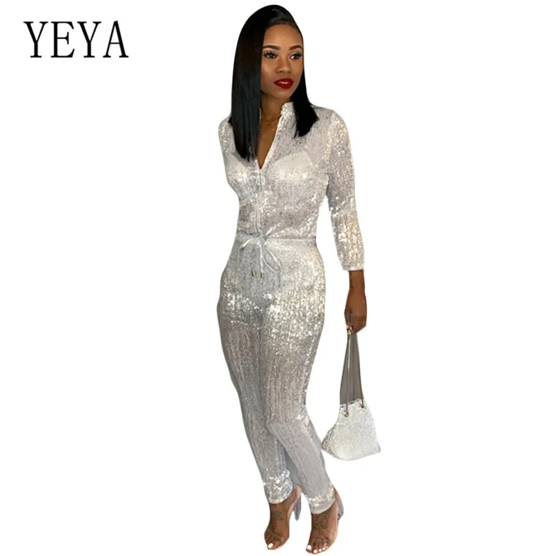 YEYA Bandage Skinny Romper New Arrival Glitter Jumpsuits Women Long Sleeve Zipper Drawstring High Waist Bodycon Sparkly Overalls