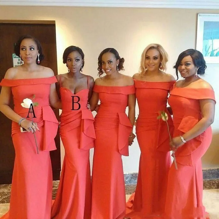 

2020 Coral Satin African Bridesmaid Dresses Off the Shoulder Satin Ruched Ruffles Floor Length Plus Size Wedding Guest Gowns