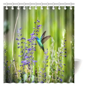 

Beautiful Hummingbirds Decor Shower Curtain, Green Violet Eared Hummingbird Fabric Bathroom Shower Curtain Set with Hooks,