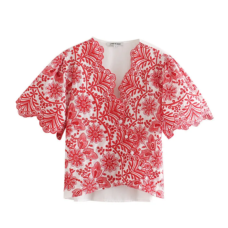 

Cotton Tops Women Embroider Retro French Short Flower V-Neck Lady Blouse