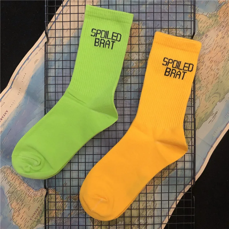 Adult Crew Cotton Socks Funny Spoiled Brat Volt Yellow Green Flurescene Naughty Child Official