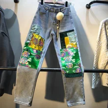 Новые осенние и зимние сшитые цветы вышитые патч Высокая талия тонкие прямые джинсы брюки женские ретро джинсовые брюки