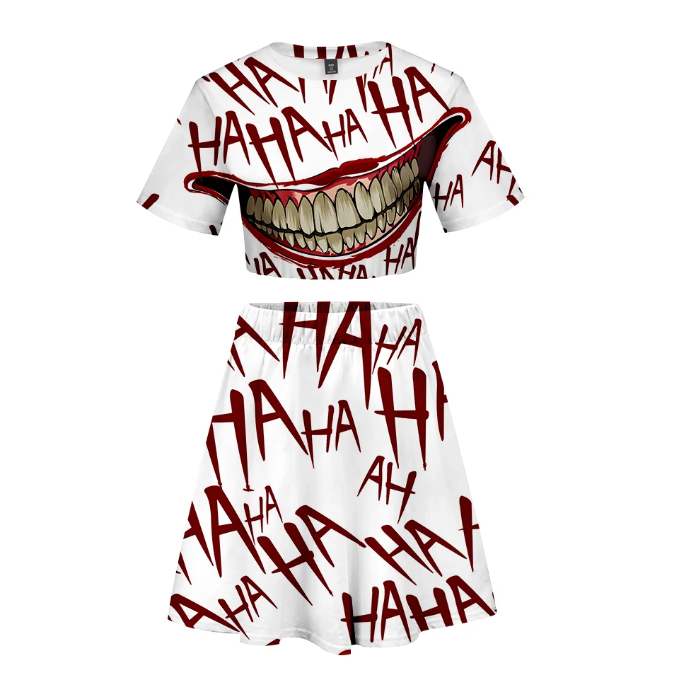 Frdun Tommy haha joker 3D Short Skirt Suit Short Sleeve T-shirt and Short Skirt Two Piece Kpop Girl Casual Kpop Style Sets