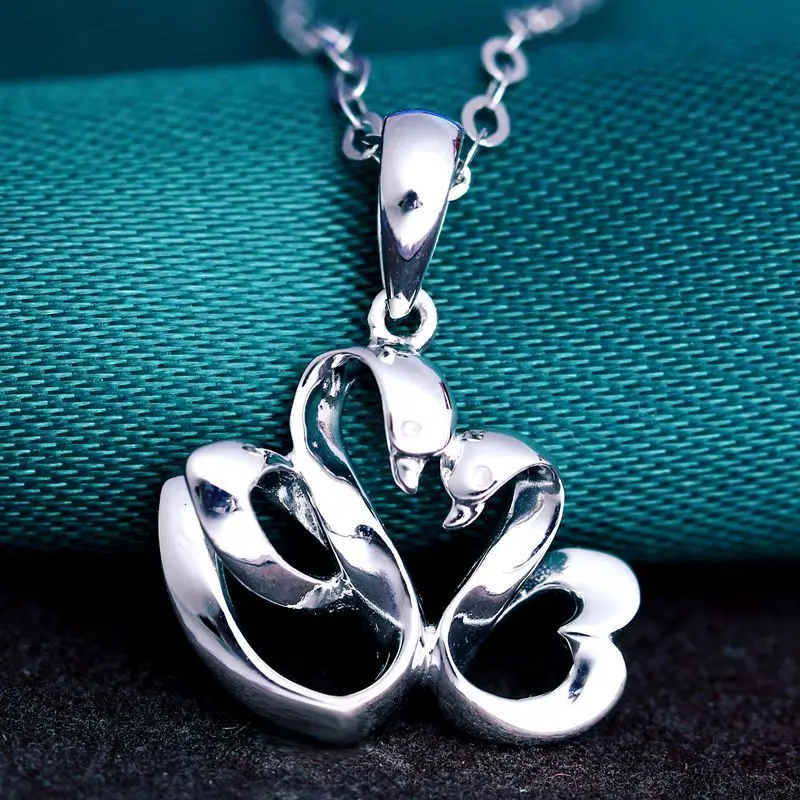 Элегантный Платиновый белый настоящий твердый золотой 2 лебедь кулон ожерелье