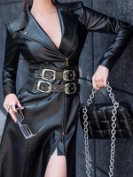 Lautaro Spring black maxi leather dress women long sleeve zipper corset Long tight dress Faux Leather dresses for women 2022 - Image 5